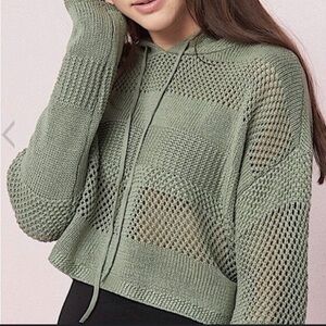 Garage M Olive Green Open Knitted Monochrome Striped Cropped Hoodie Pullover